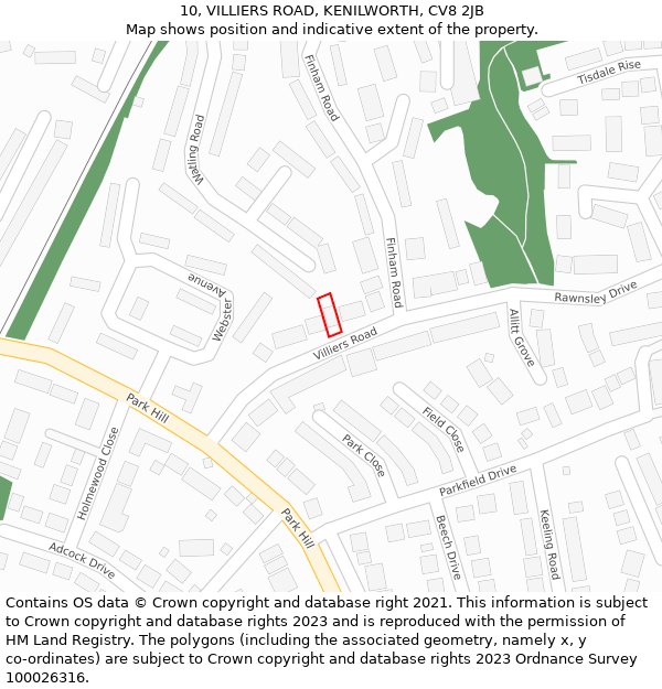 10, VILLIERS ROAD, KENILWORTH, CV8 2JB: Location map and indicative extent of plot