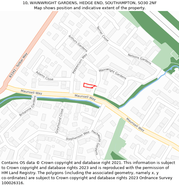 10, WAINWRIGHT GARDENS, HEDGE END, SOUTHAMPTON, SO30 2NF: Location map and indicative extent of plot