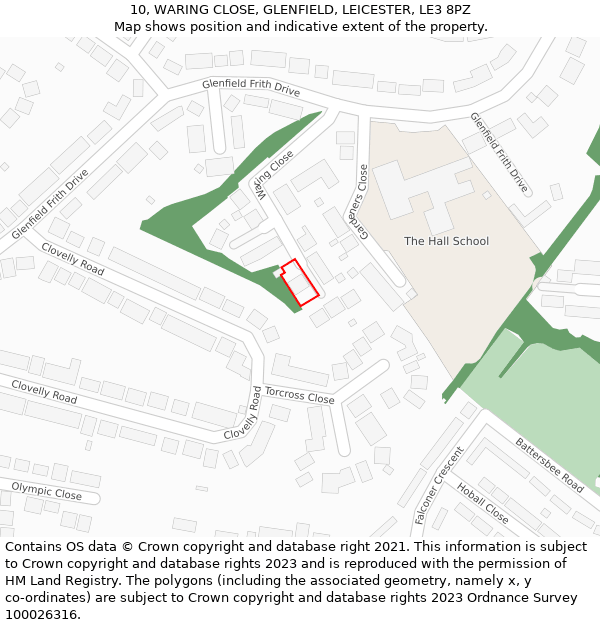 10, WARING CLOSE, GLENFIELD, LEICESTER, LE3 8PZ: Location map and indicative extent of plot