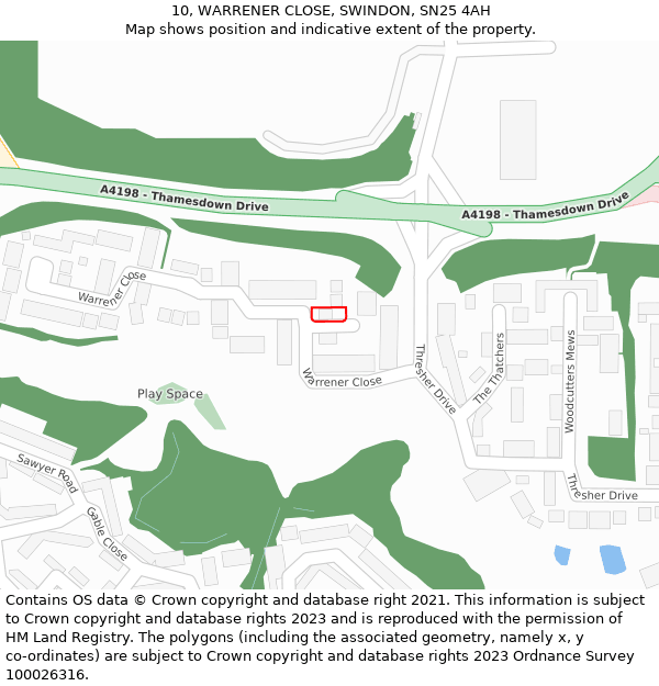 10, WARRENER CLOSE, SWINDON, SN25 4AH: Location map and indicative extent of plot