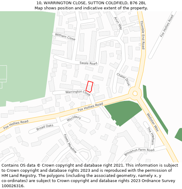 10, WARRINGTON CLOSE, SUTTON COLDFIELD, B76 2BL: Location map and indicative extent of plot