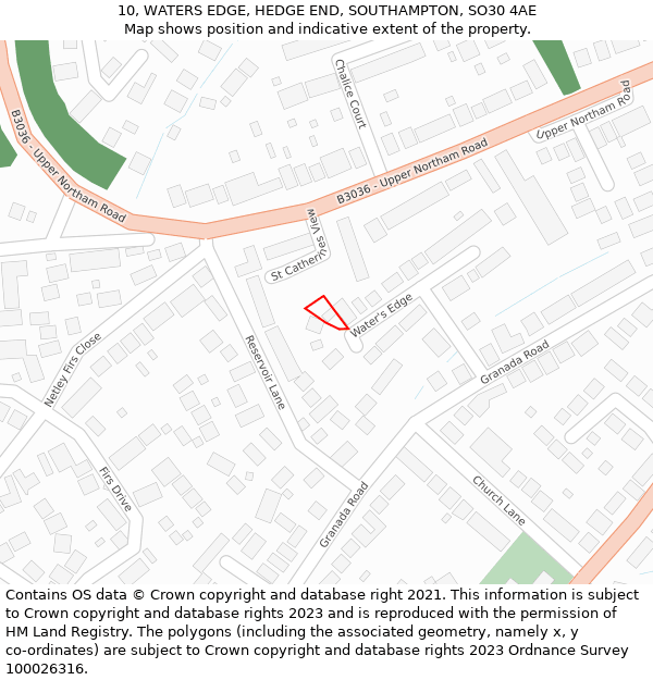 10, WATERS EDGE, HEDGE END, SOUTHAMPTON, SO30 4AE: Location map and indicative extent of plot