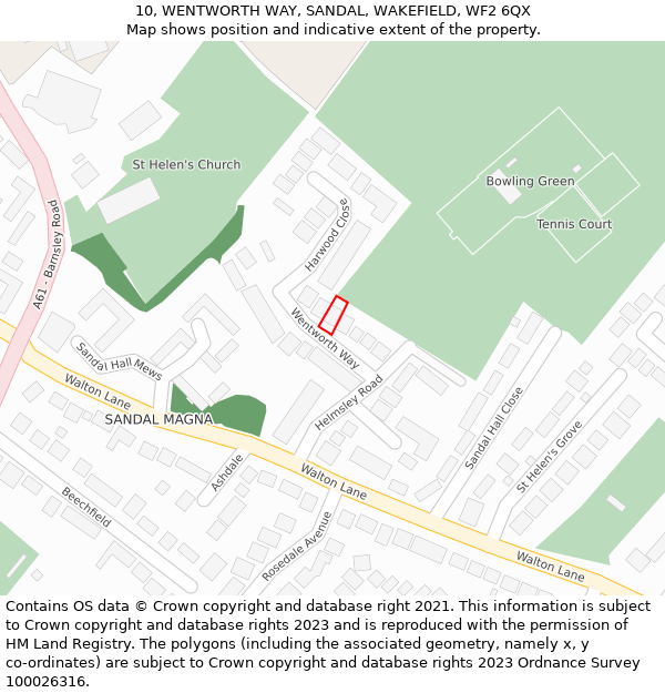 10, WENTWORTH WAY, SANDAL, WAKEFIELD, WF2 6QX: Location map and indicative extent of plot