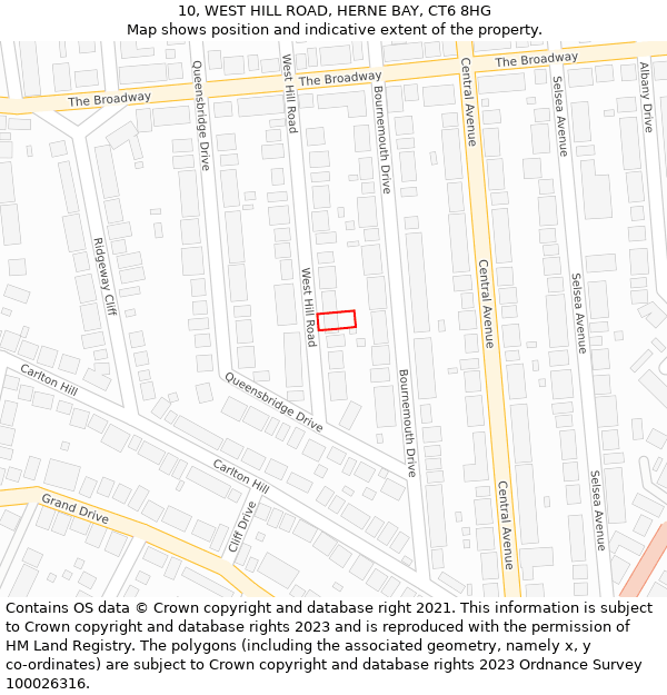 10, WEST HILL ROAD, HERNE BAY, CT6 8HG: Location map and indicative extent of plot