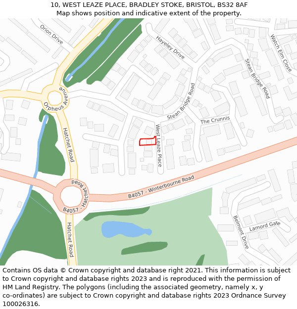 10, WEST LEAZE PLACE, BRADLEY STOKE, BRISTOL, BS32 8AF: Location map and indicative extent of plot