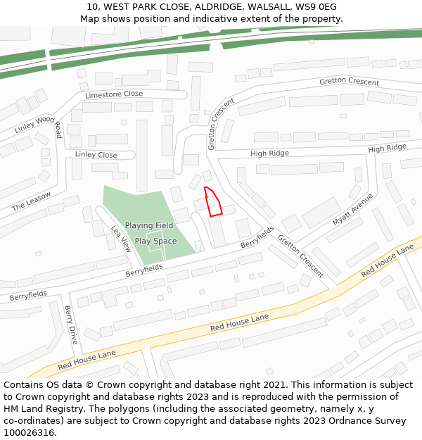 10, WEST PARK CLOSE, ALDRIDGE, WALSALL, WS9 0EG: Location map and indicative extent of plot