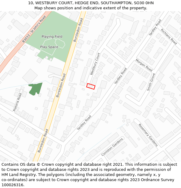 10, WESTBURY COURT, HEDGE END, SOUTHAMPTON, SO30 0HN: Location map and indicative extent of plot