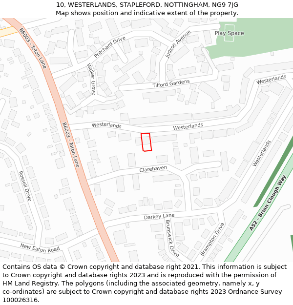 10, WESTERLANDS, STAPLEFORD, NOTTINGHAM, NG9 7JG: Location map and indicative extent of plot