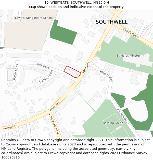 10, WESTGATE, SOUTHWELL, NG25 0JH: Location map and indicative extent of plot