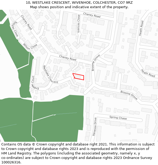 10, WESTLAKE CRESCENT, WIVENHOE, COLCHESTER, CO7 9RZ: Location map and indicative extent of plot