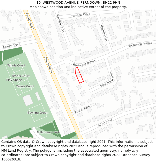 10, WESTWOOD AVENUE, FERNDOWN, BH22 9HN: Location map and indicative extent of plot