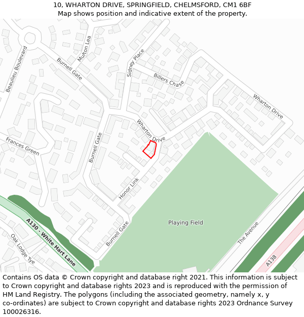 10, WHARTON DRIVE, SPRINGFIELD, CHELMSFORD, CM1 6BF: Location map and indicative extent of plot