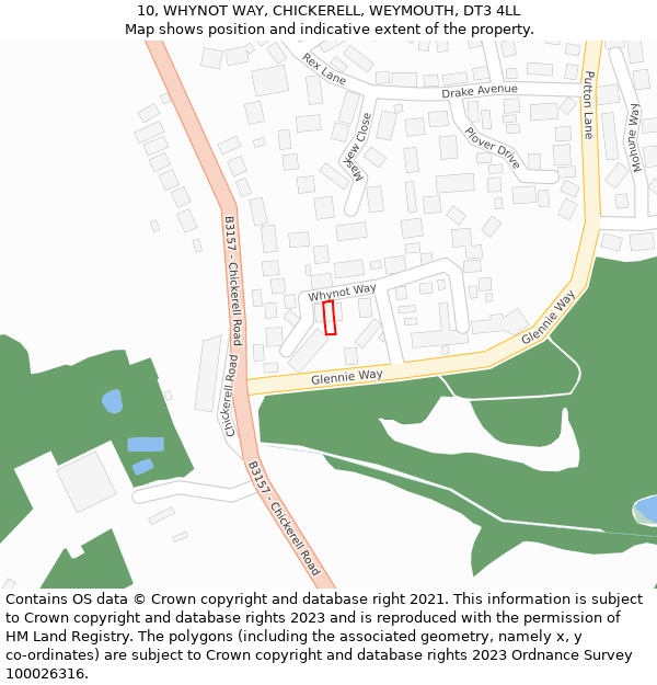 10, WHYNOT WAY, CHICKERELL, WEYMOUTH, DT3 4LL: Location map and indicative extent of plot