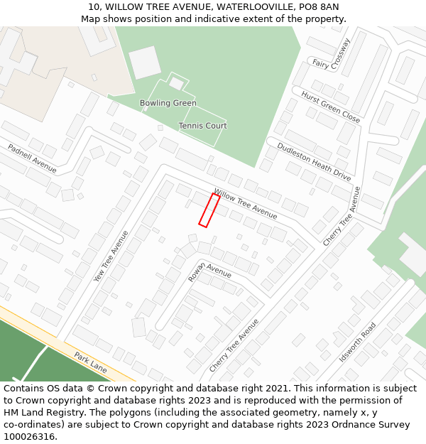 10, WILLOW TREE AVENUE, WATERLOOVILLE, PO8 8AN: Location map and indicative extent of plot
