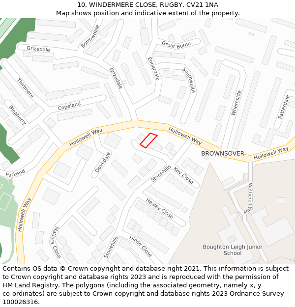 10, WINDERMERE CLOSE, RUGBY, CV21 1NA: Location map and indicative extent of plot