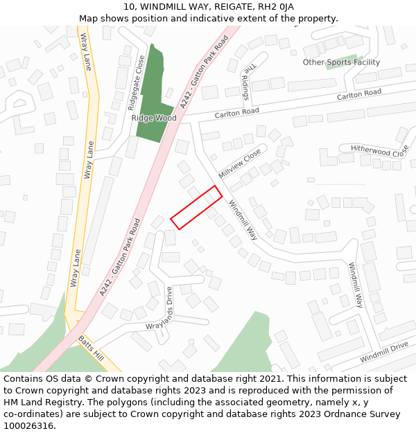 10, WINDMILL WAY, REIGATE, RH2 0JA: Location map and indicative extent of plot