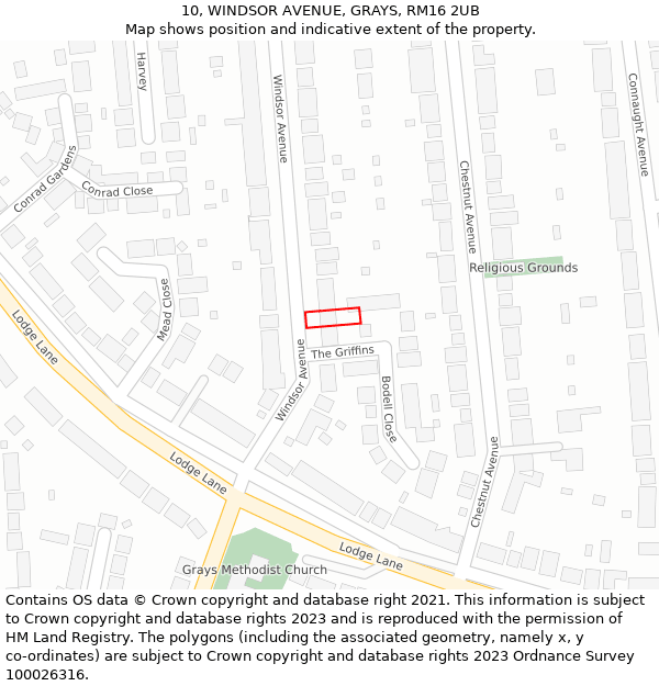 10, WINDSOR AVENUE, GRAYS, RM16 2UB: Location map and indicative extent of plot