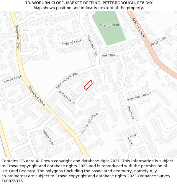 10, WOBURN CLOSE, MARKET DEEPING, PETERBOROUGH, PE6 8AY: Location map and indicative extent of plot