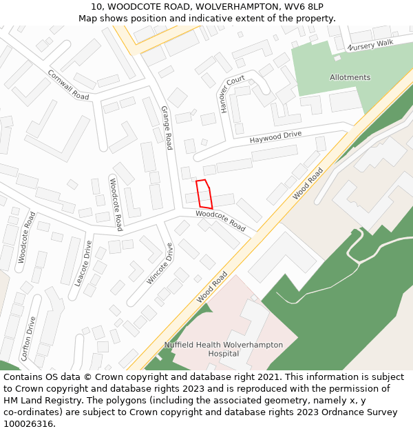 10, WOODCOTE ROAD, WOLVERHAMPTON, WV6 8LP: Location map and indicative extent of plot