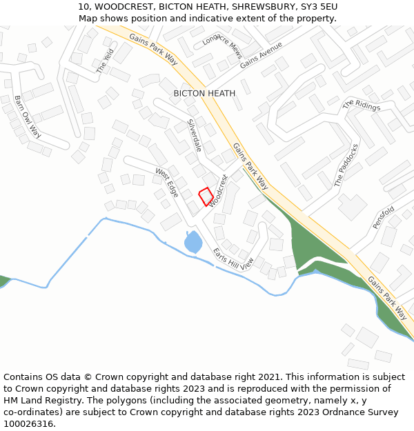 10, WOODCREST, BICTON HEATH, SHREWSBURY, SY3 5EU: Location map and indicative extent of plot