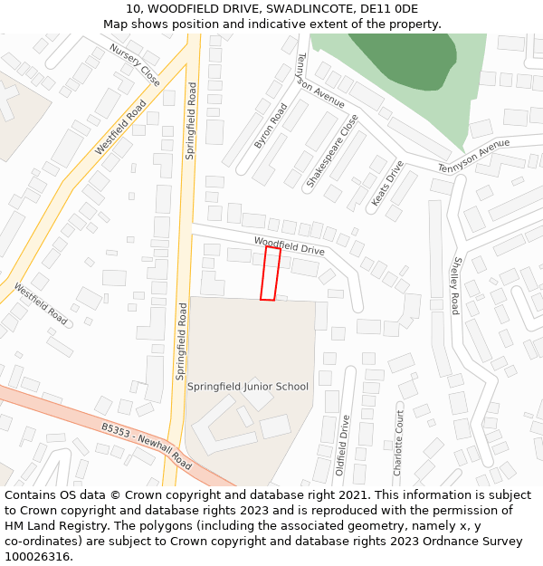 10, WOODFIELD DRIVE, SWADLINCOTE, DE11 0DE: Location map and indicative extent of plot