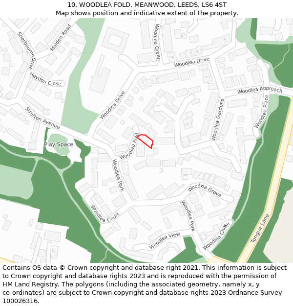 10, WOODLEA FOLD, MEANWOOD, LEEDS, LS6 4ST: Location map and indicative extent of plot