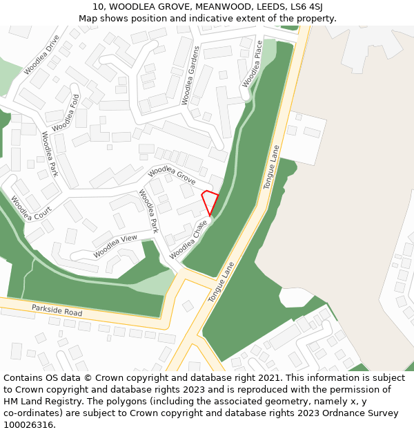 10, WOODLEA GROVE, MEANWOOD, LEEDS, LS6 4SJ: Location map and indicative extent of plot