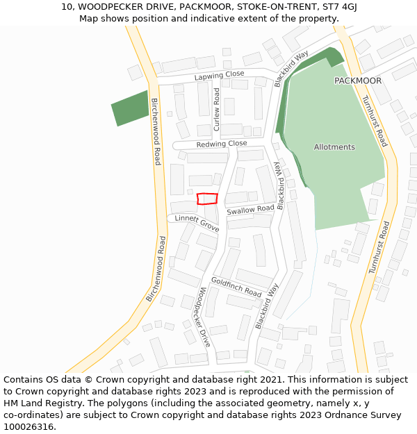 10, WOODPECKER DRIVE, PACKMOOR, STOKE-ON-TRENT, ST7 4GJ: Location map and indicative extent of plot