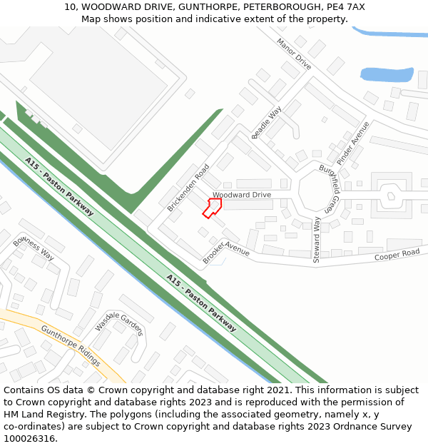 10, WOODWARD DRIVE, GUNTHORPE, PETERBOROUGH, PE4 7AX: Location map and indicative extent of plot