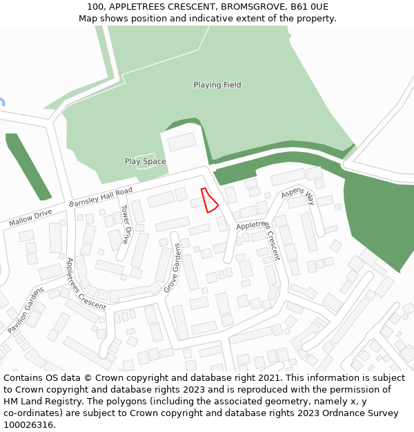 100, APPLETREES CRESCENT, BROMSGROVE, B61 0UE: Location map and indicative extent of plot