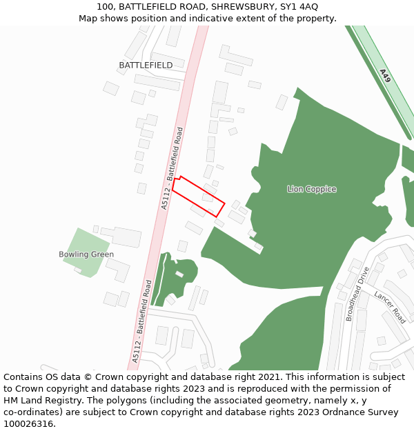100, BATTLEFIELD ROAD, SHREWSBURY, SY1 4AQ: Location map and indicative extent of plot