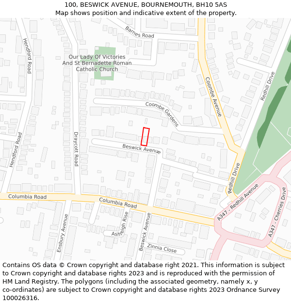 100, BESWICK AVENUE, BOURNEMOUTH, BH10 5AS: Location map and indicative extent of plot