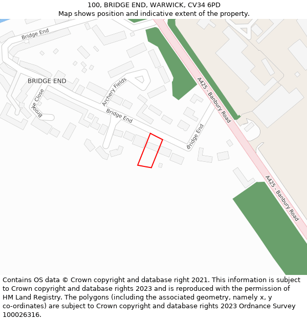 100, BRIDGE END, WARWICK, CV34 6PD: Location map and indicative extent of plot