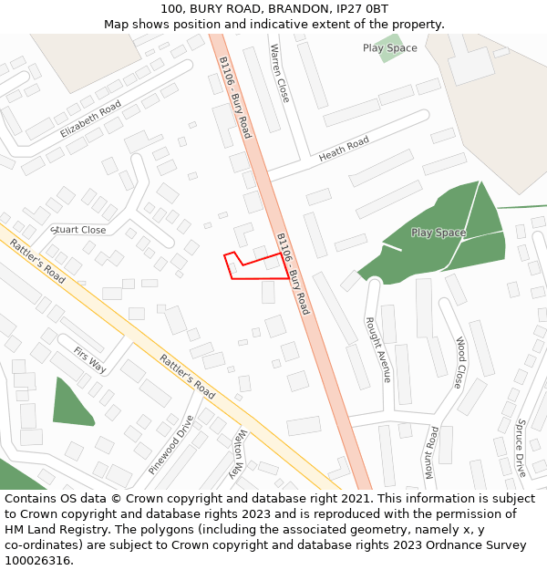 100, BURY ROAD, BRANDON, IP27 0BT: Location map and indicative extent of plot