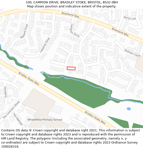 100, CAMPION DRIVE, BRADLEY STOKE, BRISTOL, BS32 0BH: Location map and indicative extent of plot