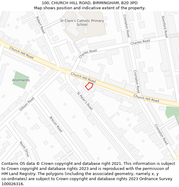 100, CHURCH HILL ROAD, BIRMINGHAM, B20 3PD: Location map and indicative extent of plot