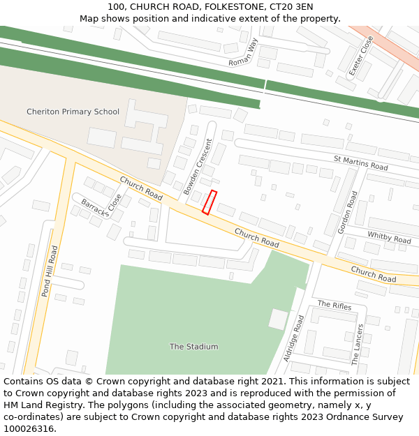 100, CHURCH ROAD, FOLKESTONE, CT20 3EN: Location map and indicative extent of plot