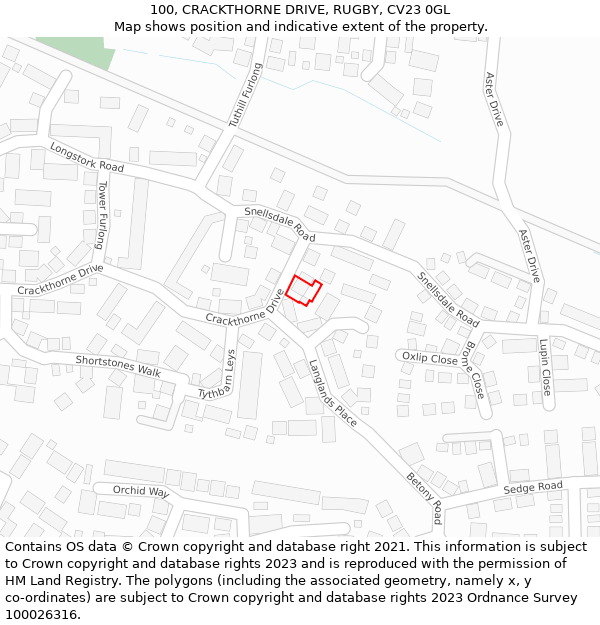 100, CRACKTHORNE DRIVE, RUGBY, CV23 0GL: Location map and indicative extent of plot