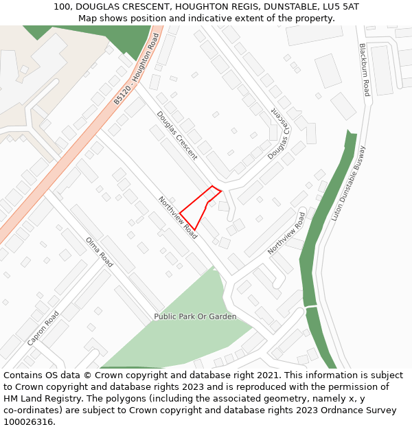 100, DOUGLAS CRESCENT, HOUGHTON REGIS, DUNSTABLE, LU5 5AT: Location map and indicative extent of plot