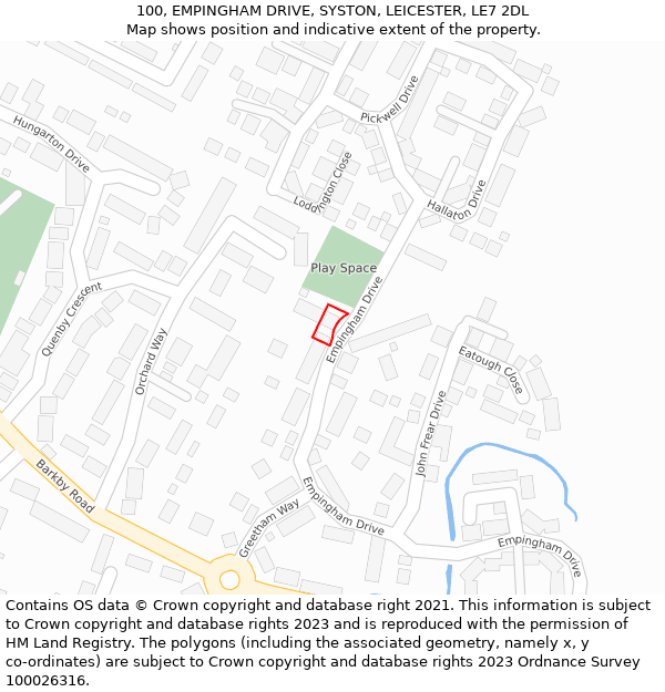 100, EMPINGHAM DRIVE, SYSTON, LEICESTER, LE7 2DL: Location map and indicative extent of plot