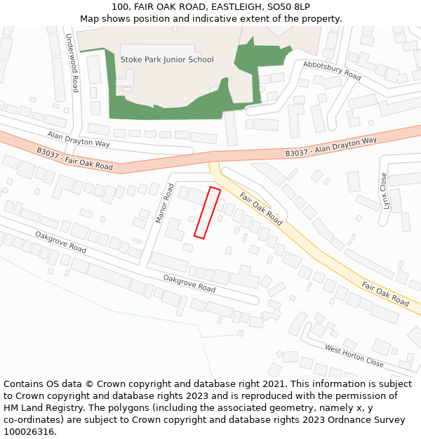 100, FAIR OAK ROAD, EASTLEIGH, SO50 8LP: Location map and indicative extent of plot