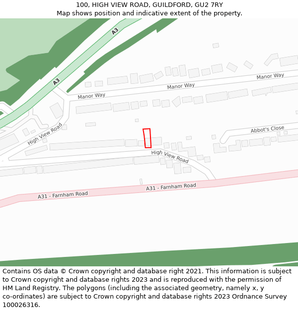 100, HIGH VIEW ROAD, GUILDFORD, GU2 7RY: Location map and indicative extent of plot