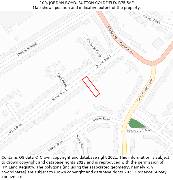 100, JORDAN ROAD, SUTTON COLDFIELD, B75 5AE: Location map and indicative extent of plot
