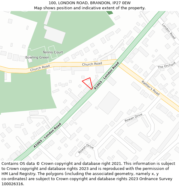 100, LONDON ROAD, BRANDON, IP27 0EW: Location map and indicative extent of plot