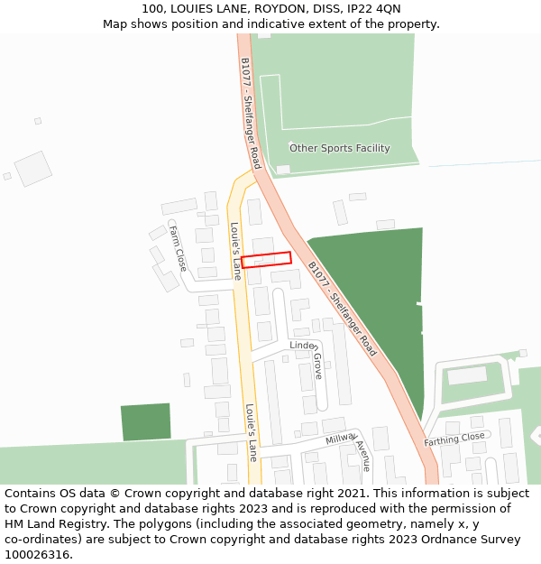 100, LOUIES LANE, ROYDON, DISS, IP22 4QN: Location map and indicative extent of plot