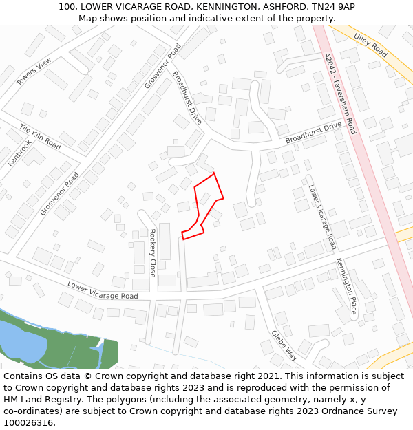 100, LOWER VICARAGE ROAD, KENNINGTON, ASHFORD, TN24 9AP: Location map and indicative extent of plot