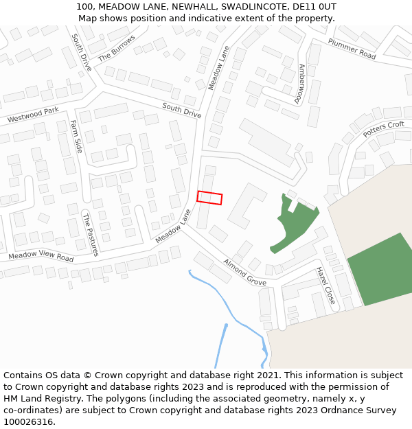 100, MEADOW LANE, NEWHALL, SWADLINCOTE, DE11 0UT: Location map and indicative extent of plot