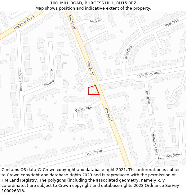 100, MILL ROAD, BURGESS HILL, RH15 8BZ: Location map and indicative extent of plot