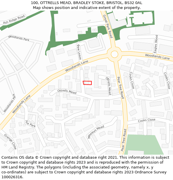 100, OTTRELLS MEAD, BRADLEY STOKE, BRISTOL, BS32 0AL: Location map and indicative extent of plot