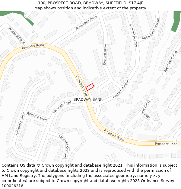 100, PROSPECT ROAD, BRADWAY, SHEFFIELD, S17 4JE: Location map and indicative extent of plot